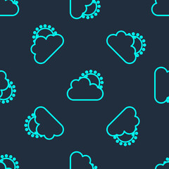 Green line Sun and cloud weather icon isolated seamless pattern on blue background. Vector.