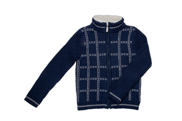 Autumn and winter clothes children. A cozy warm dark blue cardigan or jacket with a white checkered pattern for the little boy isolated on a white background. Kids spring fashion.