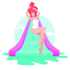 Obraz na płótnie Canvas Young woman having fun on water slide tube at aquapark. Woman riding down a water slide at the waterpark. Summer time attraction illustration in flat style. Vector illustration