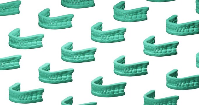3d render seamless animation pattern. A lot of blue, turquoise teeth, the upper and lower jaw move in different directions. White, black, yellow, pink changing background