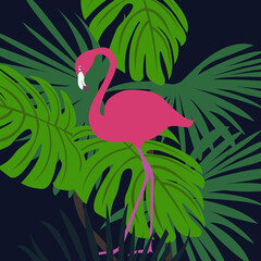 Pink flamingo with beautiful flower background