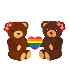 Two teddy bears with rainbow colored heart. Gay Pride. LGBT concept. Lesbian, gay, bisexual, transgender concept, love symbol. LGBT heart flag. Equality and self-affirmation. Vector illustration