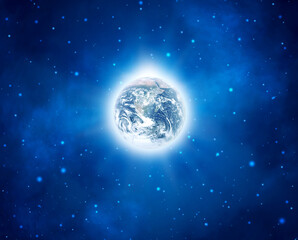 Earth with a shining white halo in the middle of blue starry space. Elements of this image are furnished by NASA