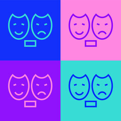 Pop art line Comedy and tragedy theatrical masks icon isolated on color background. Vector.