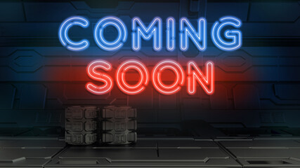 Coming Soon neon sign. red and blue glow. neon text. sci-fi lit by neon lamps. Night lighting on the wall. 3d illustration.