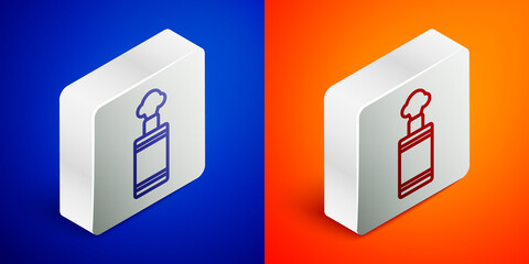 Isometric line Hand grenade icon isolated on blue and orange background. Bomb explosion. Silver square button. Vector.