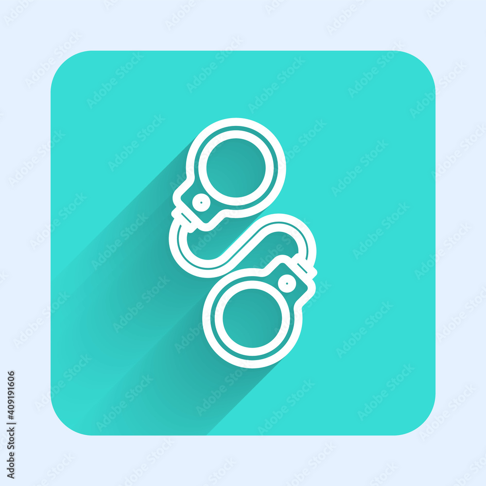 Poster white line handcuffs icon isolated with long shadow. green square button. vector.