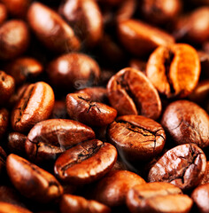 spilled coffee beans in close-up