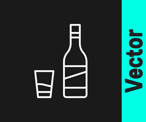 White line Bottle of vodka with glass icon isolated on black background. Vector.