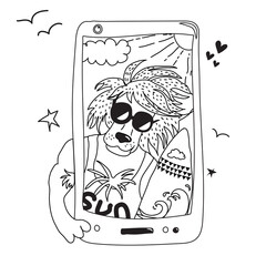 Cartoon masculine funny leo with surfboard in a sunglasses taking selfie. Line art illustration.