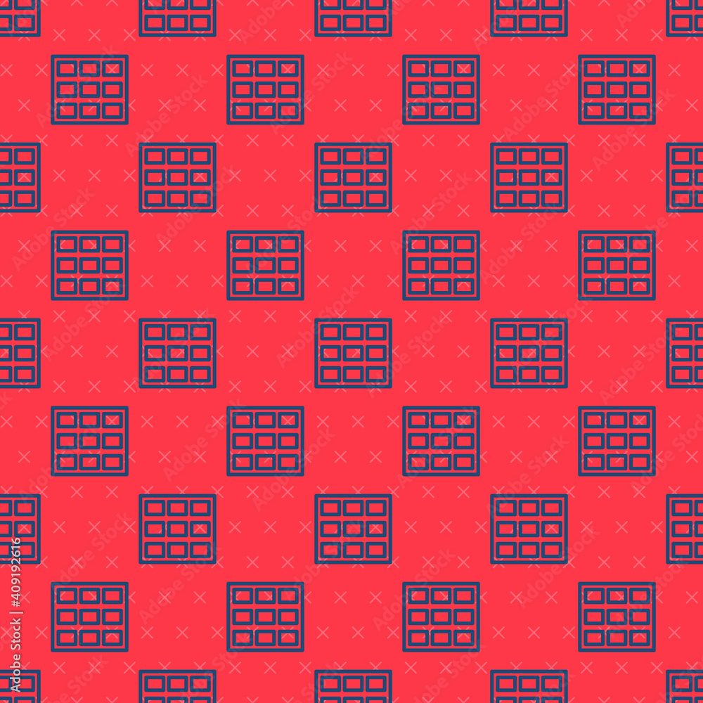 Poster Blue line Chocolate bar icon isolated seamless pattern on red background. Vector.