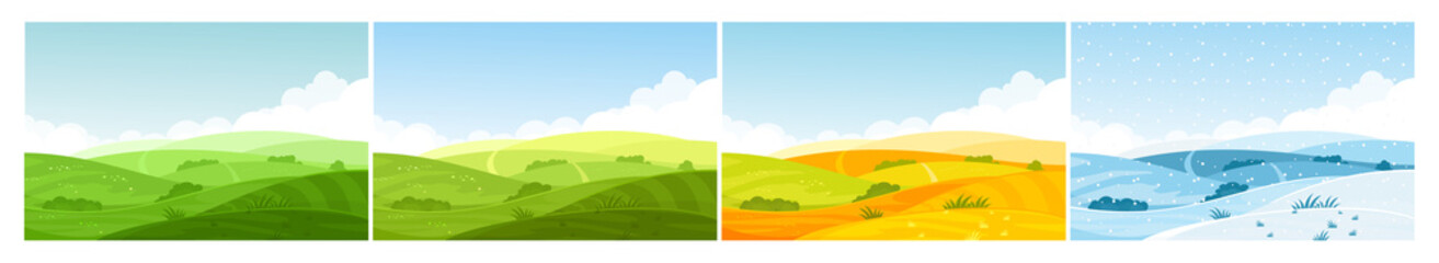 Nature field landscape in four seasons. Cartoon summer spring autumn winter scenes with green grassland meadow, blue snow hills, yellow wild fields, panorama scenery background.