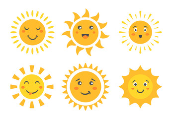 Cartoon sun emoticon characters collection, sunny faces with happy emotions and fun positive smile, funny summer sunshine baby emoji. Cute sun vector illustration set.