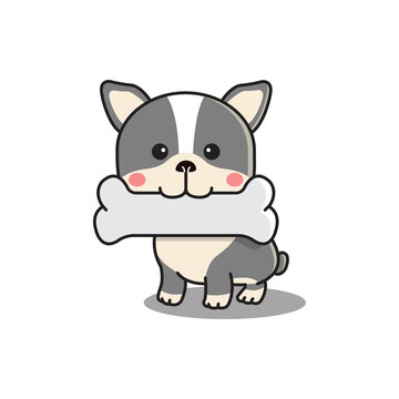 Cute bulldog with bone in mouth. Kawaii animal clip art. Flat style cartoon vector.