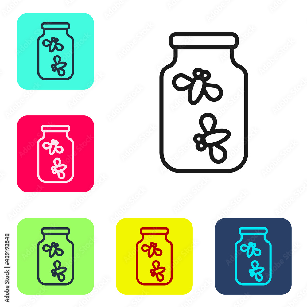 Poster black line fireflies bugs in a jar icon isolated on white background. set icons in color square butt