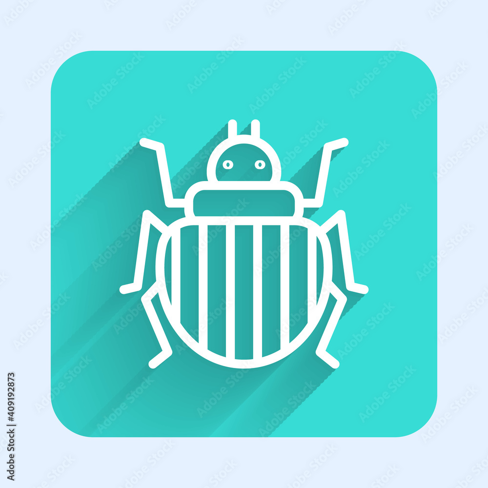 Poster white line colorado beetle icon isolated with long shadow. green square button. vector.