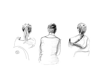 Three different women are sitting backwards. Hand draw ink illustration.