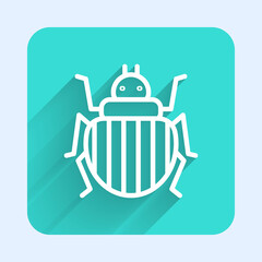 White line Colorado beetle icon isolated with long shadow. Green square button. Vector.