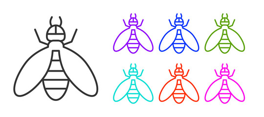 Black line Bee icon isolated on white background. Sweet natural food. Honeybee or apis with wings symbol. Flying insect. Set icons colorful. Vector.