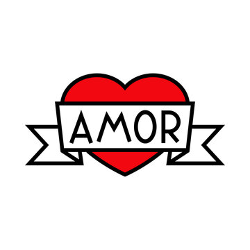Día de San Valentín. Logotipo con texto hecho a mano Amor en español escrito en listón en corazón con lineas en color rojo y negro