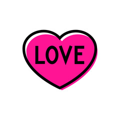 Día de San Valentín. Logotipo con texto hecho a mano Love en corazón con lineas en color rosa y negro
