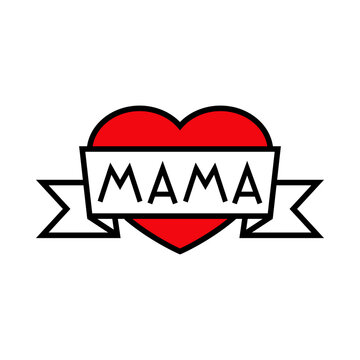 Día de la madre. Logotipo con texto hecho a mano Mama en español escrito en listón en corazón con lineas en color rojo y negro