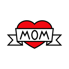 Día de la madre. Logotipo con texto hecho a mano Mom escrito en listón en corazón con lineas en color rojo y negro