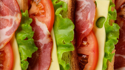 sandwich. club sandwich top view close up. large delicious natural sandwich for Breakfast or lunch. making of the fastfood at home