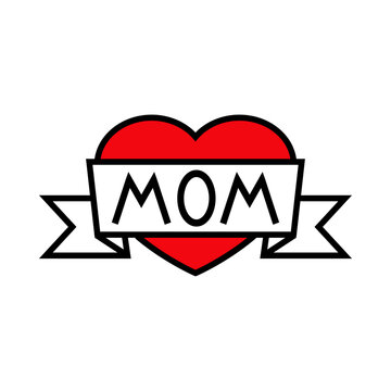 Día de la madre. Logotipo con texto hecho a mano Mom escrito en listón en corazón con lineas en color rojo y negro