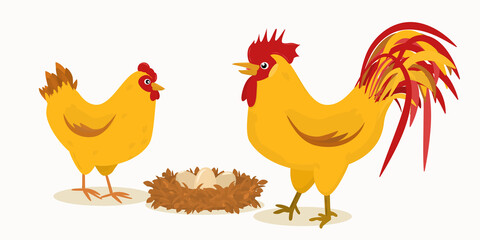 illustration of a pair of a rooster and a hen next to a nest with eggs.