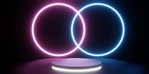 3d geometric neon podium for product placement with circular background