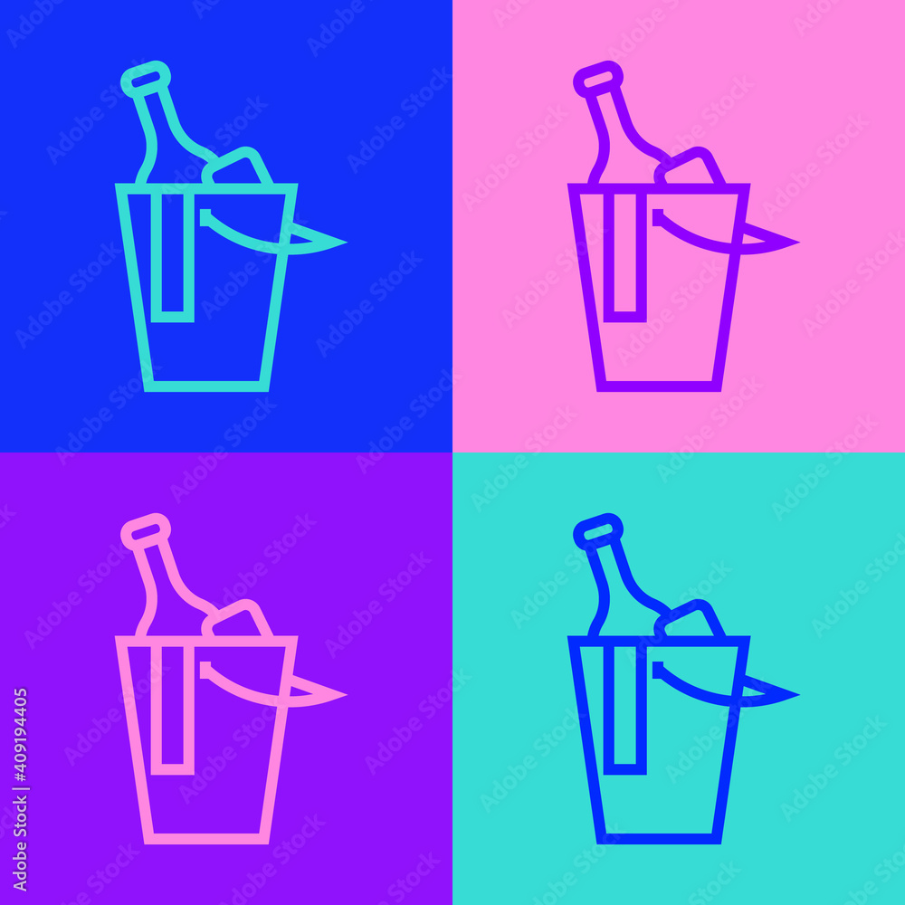 Poster Pop art line Bottle of wine in an ice bucket icon isolated on color background. Vector.