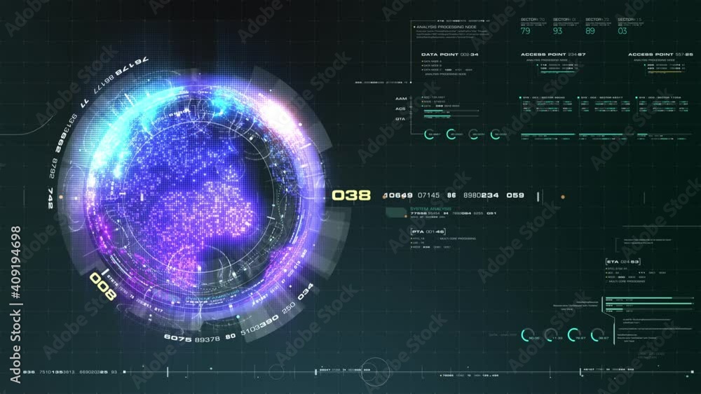 Aufkleber Futuristic motion graphic user interface head up display screen with Holographic Earth and digital data telemetry information display for digital background computer desktop display screen