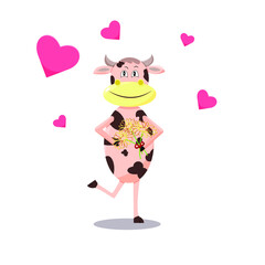 Bulls in love. Vector flat  illustration on white background. A loving bull holding a bouquet of daisies. Valentine's Day. Holidays concept.