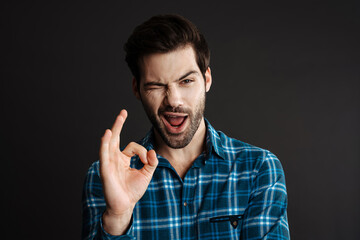 Joyful handsome unshaven guy winking and showing ok sign