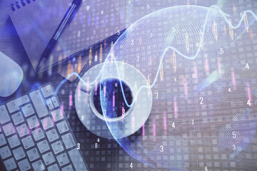 Multi exposure of forex chart drawing and work table top veiw. Concept of financial analysis.