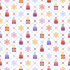 Seamless pattern with gifts and snowflakes