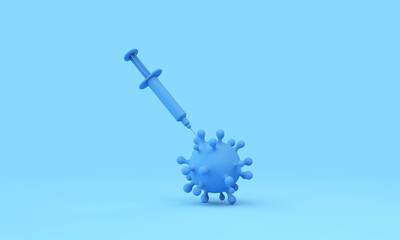 Vaccination concept. Coronavirus virus with an injection syringe. 3D Rendering