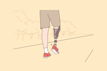 Fototapeta na wymiar Disabled and handicapped people active lifestyle concept. Low angle view at disabled young man with prosthetic leg walking in park and enjoying walk vector illustration 