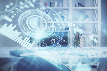 Double exposure of business theme drawing and office interior background. Concept of success