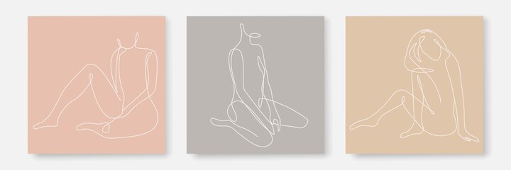 Woman Body One Line Drawing Prints Set. Creative Contemporary Abstract Line Drawing. Beauty Fashion Female Naked Figure. Vector Minimalist Design for Wall Art, Print, Card, Poster.