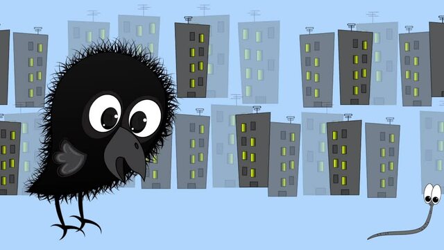 Animation little crow catches up with a worm. The crow runs after the worm on the background of the city.