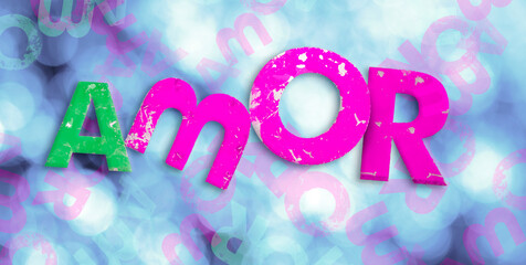 Illustration in pink and green tones with the word love, on a photography background of bright lights out of focus in blue tones. Valentine's Day.