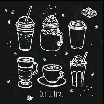 Coffee set. Line art. Doodle style. Hand draw vector illustration. Concept coffee menu chalk on a blackboard.