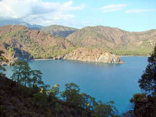 Panorama from above of small sea bays, in which small pleasure boats like to moor.