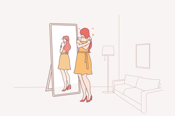 Self love, self esteem concept. Narcissist woman cartoon character standing at mirror and looking at reflection feeling proud hugging herself vector illustration 