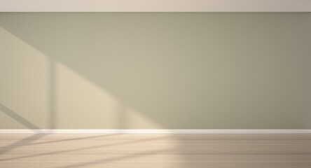 3d rendering of interior. Green wall, Light wood floor and Sunlight shining in the room. Empty interior background.