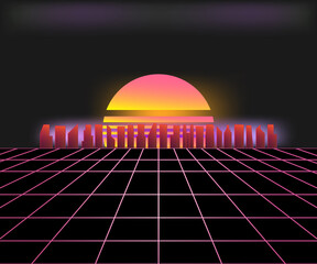 Retro futuristic sunset background (Cyberpunk background). Vector illustration.