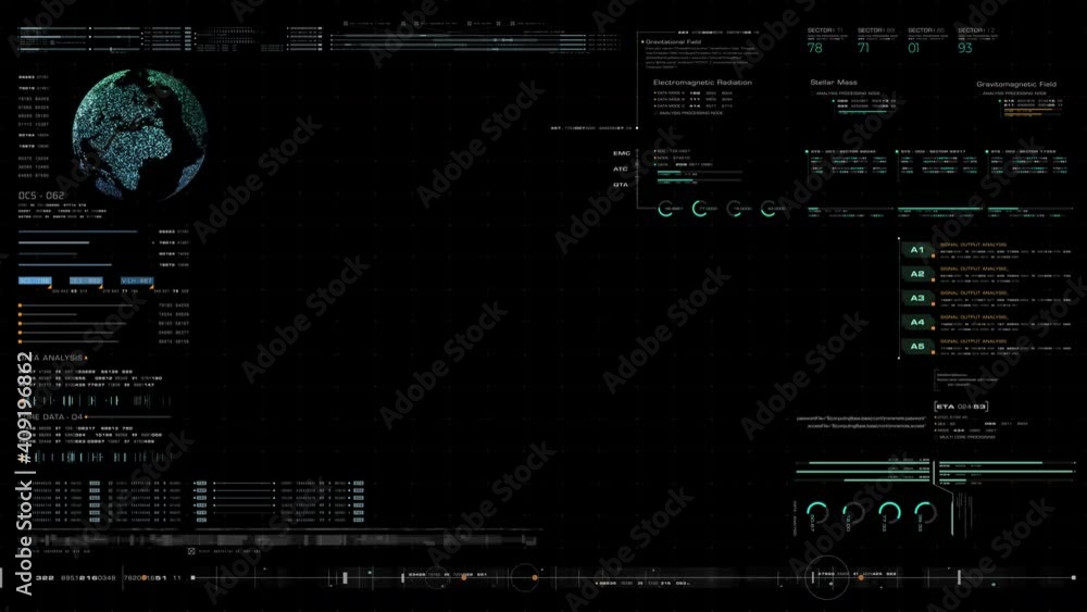 Poster Futuristic motion graphic user interface head up display screen template, digital data telemetry information display with alpha channel for graphic overlay