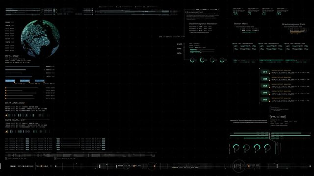 Futuristic motion graphic user interface head up display screen template, digital data telemetry information display with alpha channel for graphic overlay